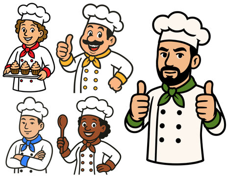 cheerful collection of five diverse cartoon chefs in various poses, including one holding cupcakes and another giving thumbs-up gestures.