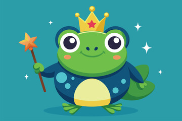 Fototapeta premium Cute royal frog wearing a crown and holding a magic wand smiles cheerfully while surrounded by sparkling stars in a vibrant setting
