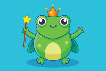Obraz premium Charming frog wearing a crown holds a magic wand while displaying royal cheer in a vibrant setting