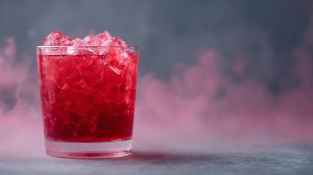Chilled enigmatic crimson elixir amidst swirling mist, perfect for Solstice celebrations, tantalizing taste of forbidden orchard blossoms
