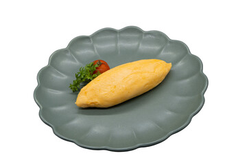 Delicious Omelet: A beautifully presented omelet on a decorative plate, garnished with fresh tomatoes and parsley, showcasing culinary art