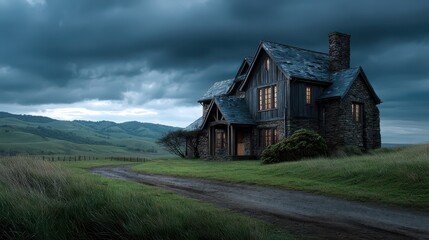Cozy old house stands alone on a quiet path under a moody sky at dusk among rolling hills