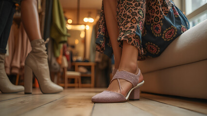 chic boutique shoes shopping. trendy footwear for fashion lovers. stylish shoe try-ons in luxury stores. ultra-realistic shopping experience in boutiques.