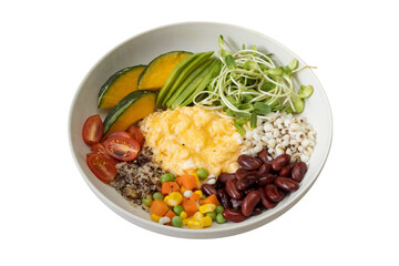 A Colorful Bowl of Fresh Ingredients: An overhead shot captures a vibrant bowl filled with an assortment of colorful ingredients. The fresh components are artfully arranged.