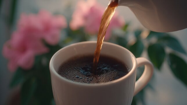 Pouring aromatic coffee, morning ritual, blossom ambiance, invigorating brew with floral whispers, International Coffee Day, serene hygge moment
