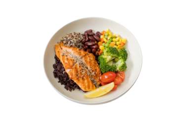 Delicious Salmon Bowl: a delectable and nutritious salmon bowl brimming with grilled salmon, black rice, beans, colorful vegetables, and a lemon wedge, representing a wholesome and balanced meal