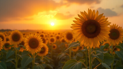 Fototapeta premium Sunflowers blooming in sunlight. Ultra realistic sunflower field. Sunflowers following the sun. Beautiful natural landscapes with sunflowers.