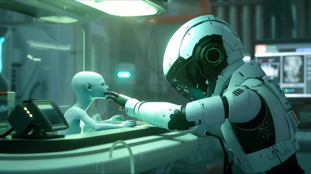 A scientist meets, examines, and studies an alien in a laboratory.. Experiment is conducted on an alien from space.