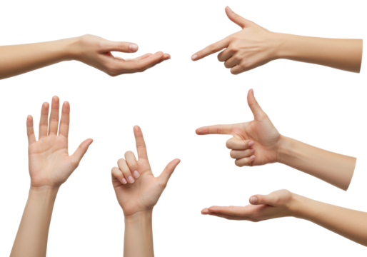 Multiple unadorned light-skinned female hands in various elegant gestures (open palm, pointing, thumbs-up) with soft skin, subtle pores, natural nails, isolated on a transparent seamless shadowless - Powered by Adobe