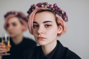 Pink-haired young woman with floral crown, enigmatic reflection, Beltane celebration, ethereal moods, ancient Celtic whispers in modern urbanity