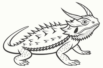 Detailed Monochrome Drawing of a Bearded Dragon, Featuring Spikes and Horns, Ideal for Coloring Pages