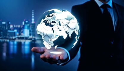 Business professional presents floating digital globe to symbolize innovation, global technology expansion and futuristic networking in modern cityscape, ideal for business, tech leader, globalization - Powered by Adobe