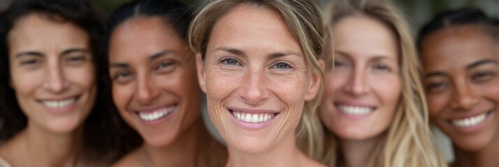 Obraz premium Radiant smiles amid sunlit camaraderie, diverse women thriving, celebrating World Friendship Day, embracing multicultural harmony with joyful ease