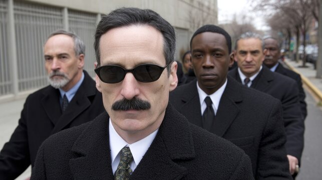 Solemn procession of enigmatic suits, diverse allegiance marching like shadows, embodying mystery and unity; perfect for Black Friday intrigue