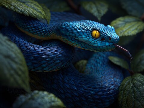 Blue snake with yellow eyes slithering through green leaves in dim light.