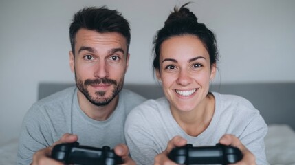 Couple, diverse ethnicity, glued to pixelated realms, celebrating gamer interdependence, International Gaming Day joy, digital bond festivity