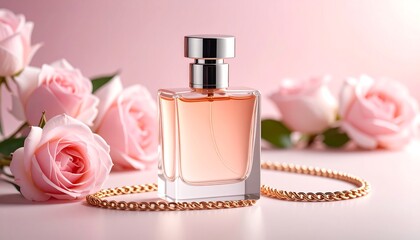 Elegant perfume bottle surrounded by pink roses and a gold chain necklace