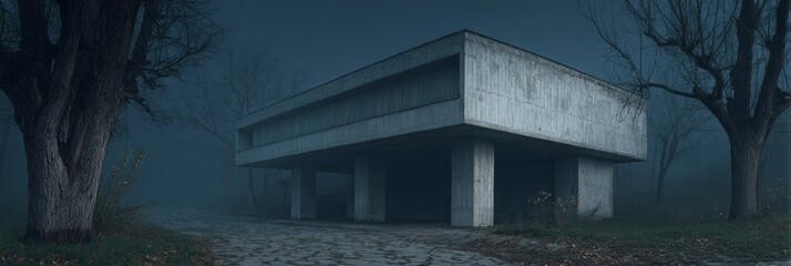 Monolithic concrete block shrouded in misty twilight, evoking dystopian All Hallows' Eve eeriness, shadowy brutalist architecture mystery