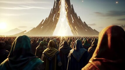 Vast throng of hooded figures approach a colossal, otherworldly gateway under a golden sunrise