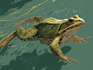 green frog swimming underwater in natural pond
