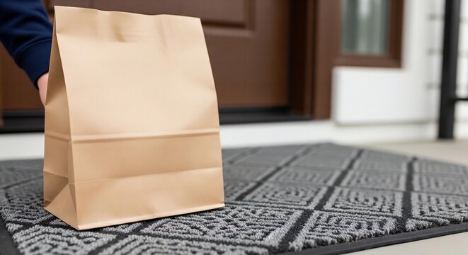 A blank, brown paper bag being placed on a front doorstep for a contactless delivery, with the delivery person's hand just leaving the frame.