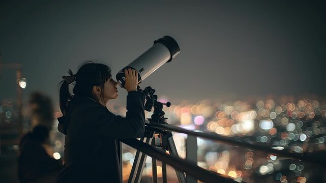 Guided by curiosity, a person observes the night sky from a tall building, using a telescope to explore stars and celestial wonders while city lights twinkle below.