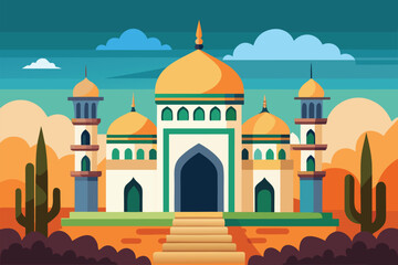 Flat mosque dome landscape illustration showcasing a tranquil desert backdrop with vibrant colors and geometric designs during sunset