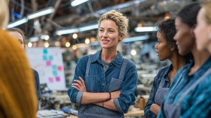 Women Wearing Denim Overalls Standing in Factory