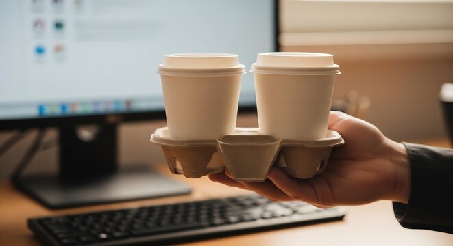 A person's hand holding a stack of two blank coffee cups in a cardboard carrier, with a blurred office desk in the background.