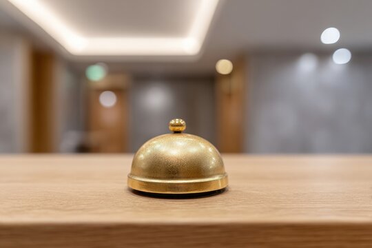 Golden bell poised on polished counter whispers hospitality secrets, evoking wanderlust and World Tourism Day mysteries
