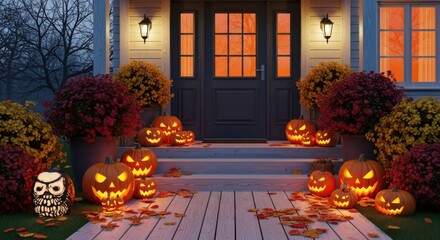 A spooky halloween night scene with glowing jackolanterns and an owl decoration lighting up the front porch