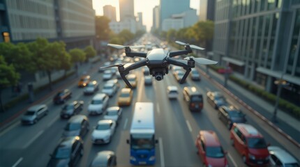 Obraz premium Drone Flies Over City Traffic