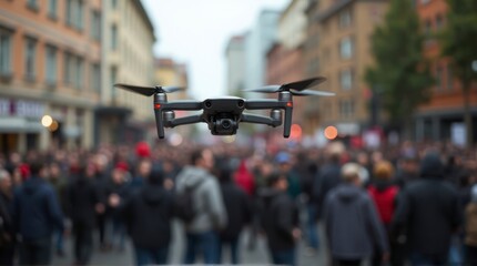 Drone Flies Over Crowd in City Street