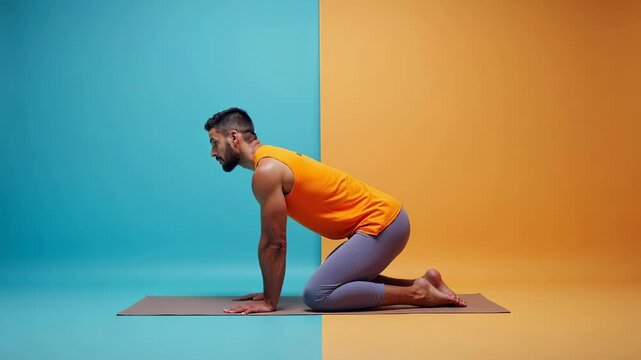 Pilates princess PPL split Athleisure Copenhagen plank High waisted yoga pants Hip thrust belt Therabody amab Kindbody baleaf Man practices beginner pose on mat, promotes wellness and flexibility at 