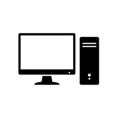 Desktop Computer Icon with Monitor and Tower in Black and White