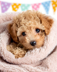 Adorable fluffy toy poodle puppy nestled in a soft blanket