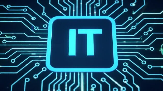 Glowing IT symbol on circuit board; digital tech background; website banner