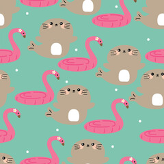Seamless pattern with cute seals, summer shades and more. Cute summer wallpaper for fabric prints, wrapping paper.