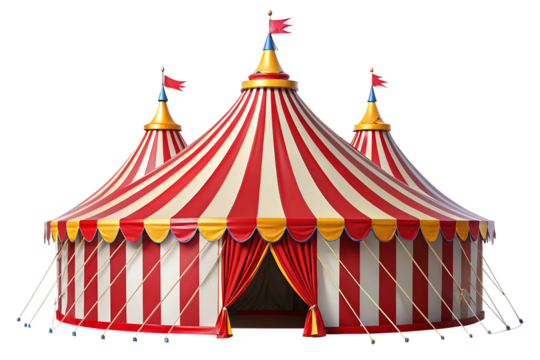 Red and white striped circus tent with flags isolated on a transparent background - Powered by Adobe