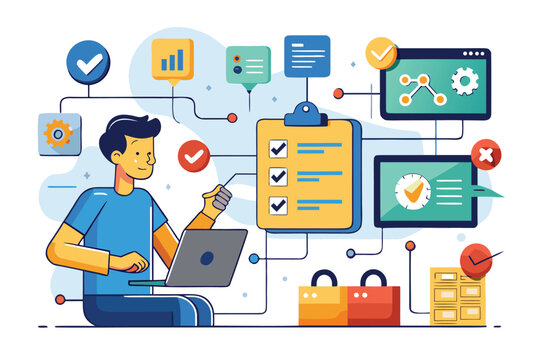 Flat illustration of a remote worker engaging with digital tools and checklists to enhance productivity while working from home