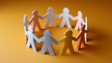 Colorful paper cutouts of people linked together forming a chain on a bright orange background symbolizing unity, friendship, and teamwork in diverse contexts