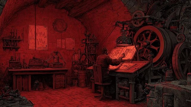 Deep within a rustic workshop, a skilled artisan focuses intently on blueprints, surrounded by intricate machinery and tools. The warm glow transforms the atmosphere, enhancing creativity.