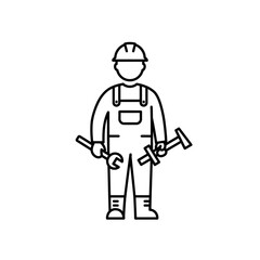 Line art illustration of a construction worker holding tools on white background