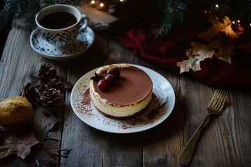 A small cheesecake, dusted with cocoa powder and topped with cherries, sits on a rustic wooden table beside a cup of coffee, pine cones, and autumn leaves, with warm string lights in the background