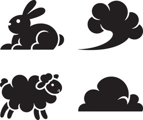 Easter bunny and eggs vector cartoon animal illustration set with cloud and bird silhouette design