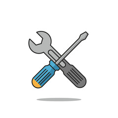 A colorful illustration depicts a crossed wrench and screwdriver, symbolizing repair, maintenance, and technical support on a clean white background.
