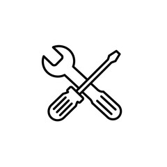 A clean, minimalist black outline icon depicting a crossed wrench and screwdriver, symbolizing settings, tools, or technical support.