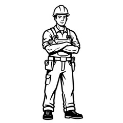 Obraz premium Confident Construction Worker with Arms Crossed in Overalls and Hard Hat