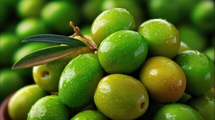 Freshly picked green olives glistening with water droplets in a rustic setting
