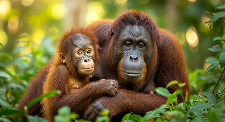 bornean orangutan mother and baby in rainforest